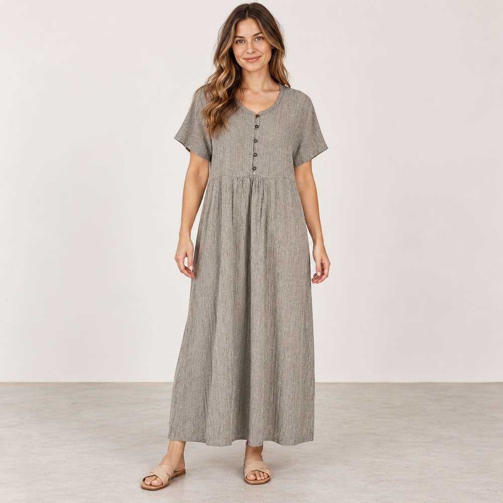 Coldwater Creek Maxi Dress Womens Small Khaki Pinstripe Boho Coastal Casual